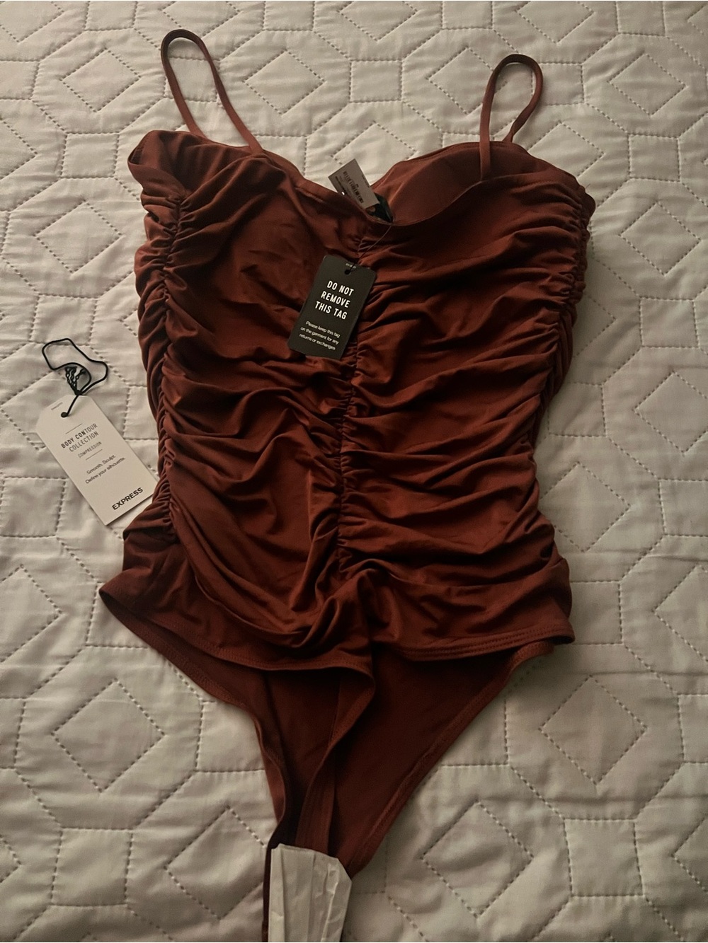 Express Brown Ruched Spaghetti-Strap Bodysuit - Picture 4 of 5